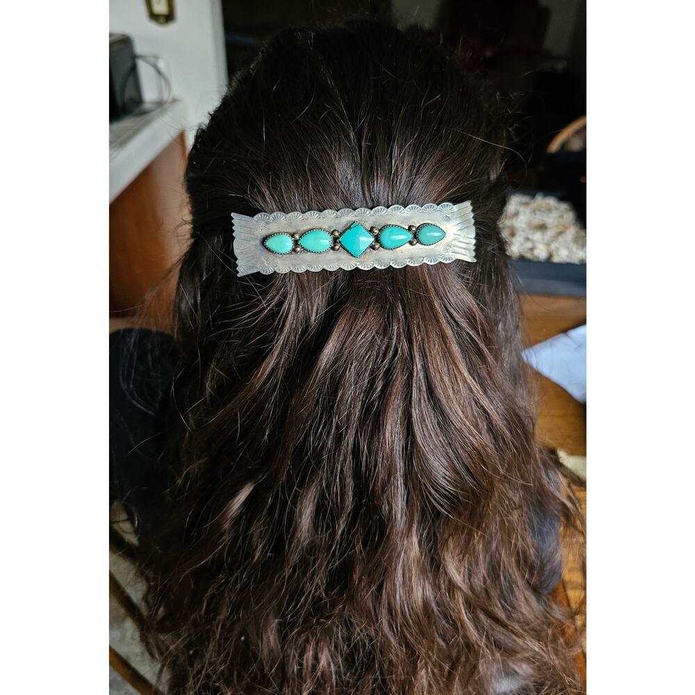 Vintage Southwestern Sterling Silver & Five-Stone Turquoise Hair Barrette